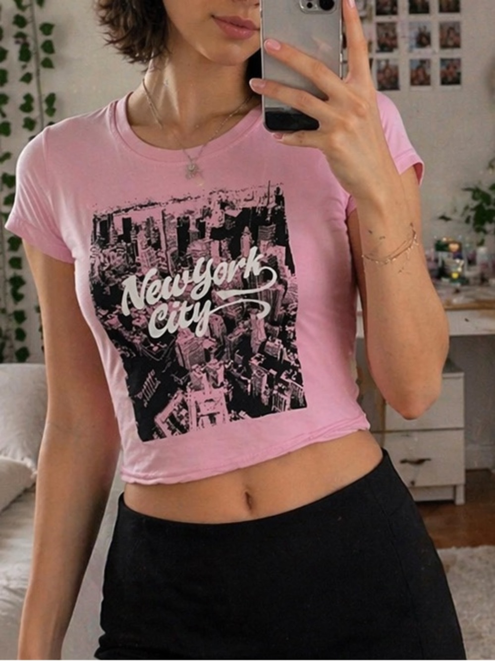 Pink NYC Baby Tee Small Y2K New York City Graphic Crop Top